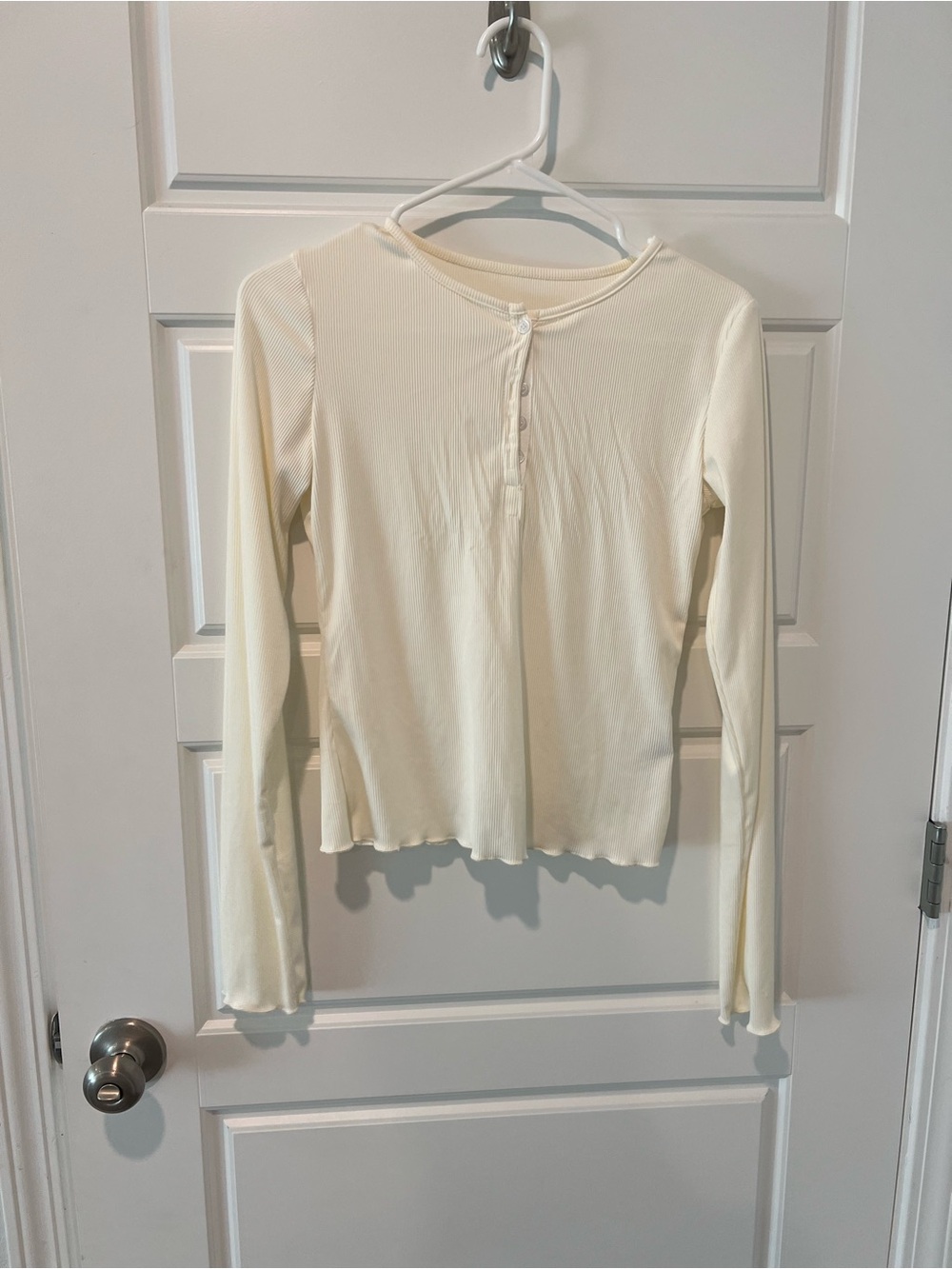 Cream Long-Sleeve Ribbed Henley Top with Button Placket